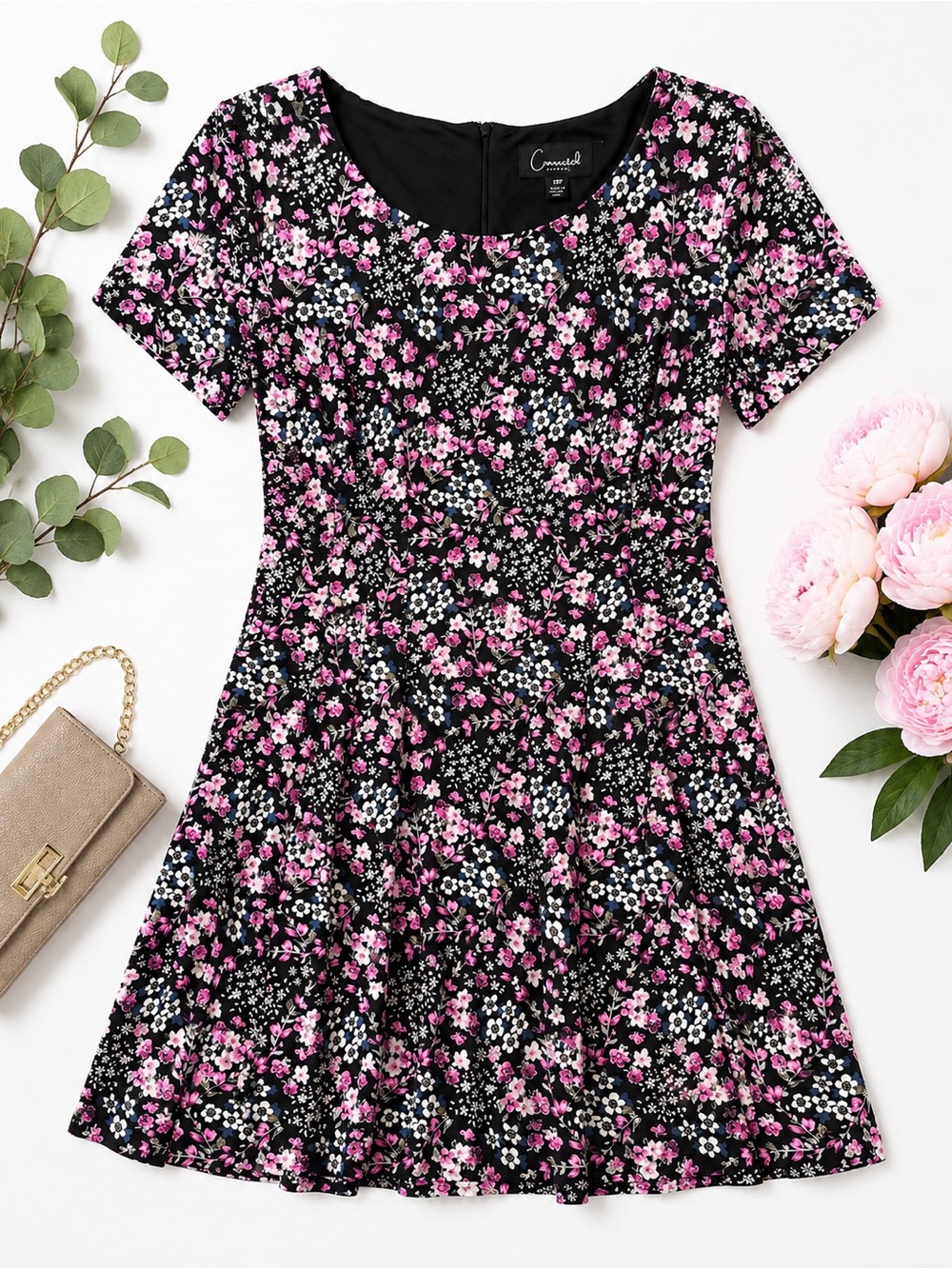 Connected Apparel 10P Black Pink Floral Fit & Flare Dress Petite Short Sleeve